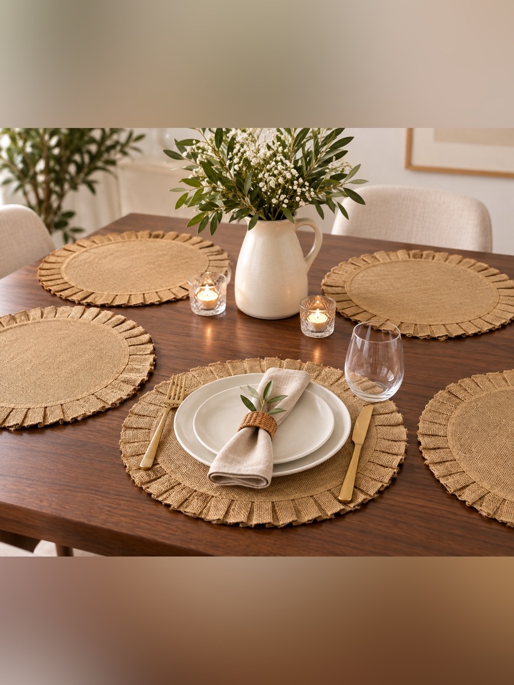 Burlap Ruffled Round Placemats - Natural Tan (Set of 6)